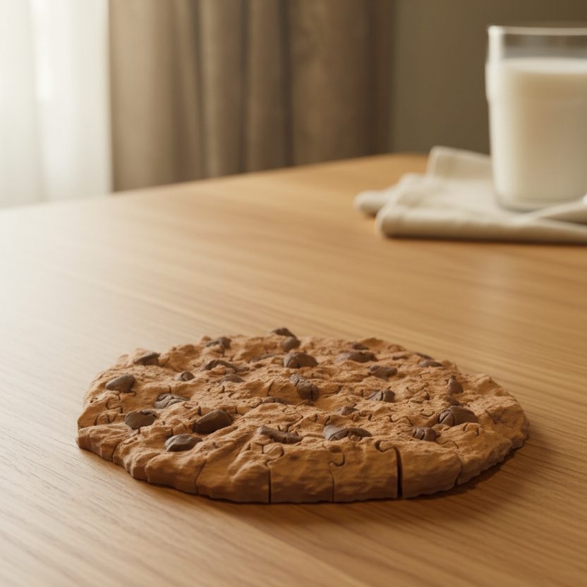 Chocolate chip cookie jigsaw puzzle on wooden table lifestyle