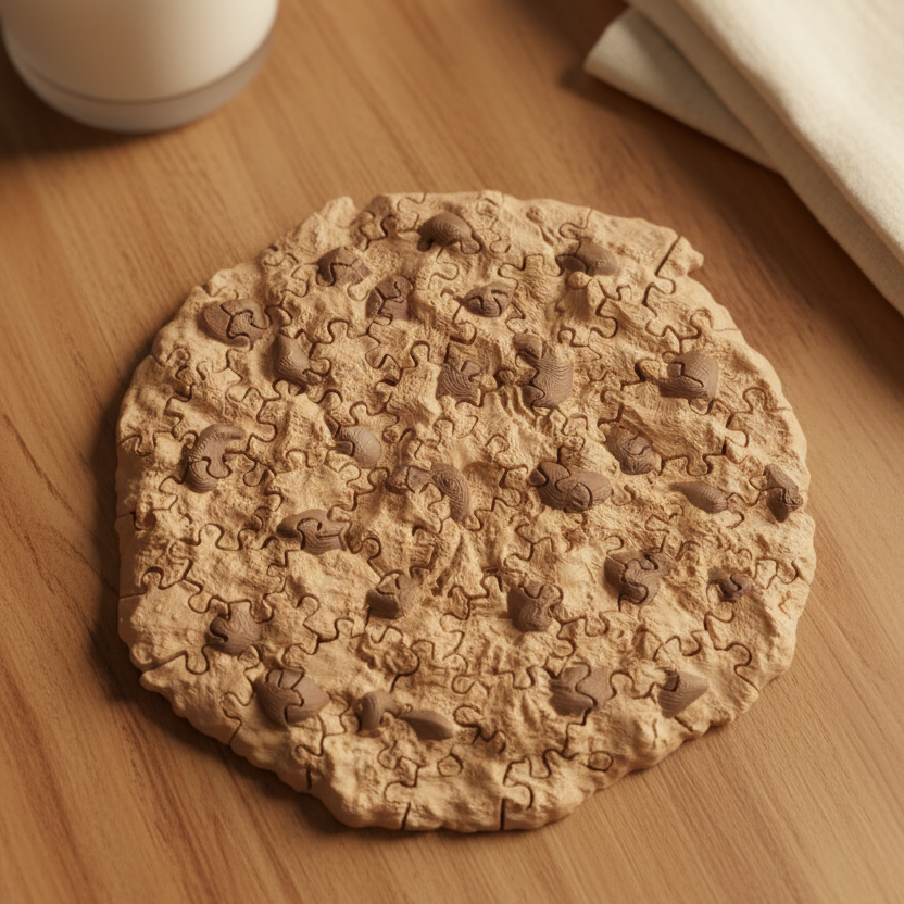 Chocolate chip cookie jigsaw puzzle top down view lifestyle