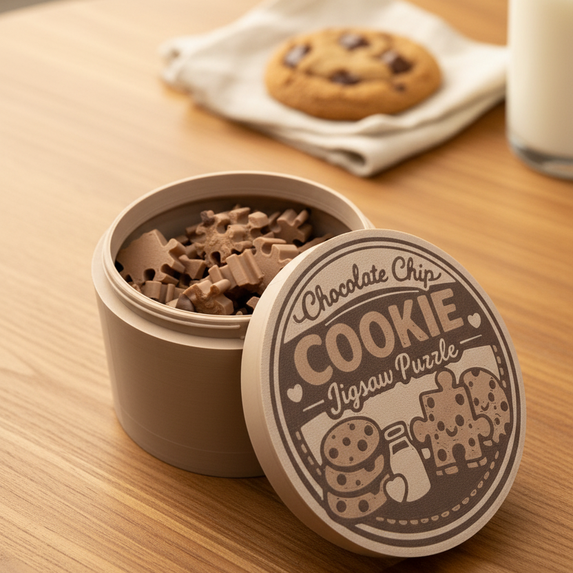 Chocolate chip cookie jigsaw puzzle tin container open with puzzle pieces inside lifestyle