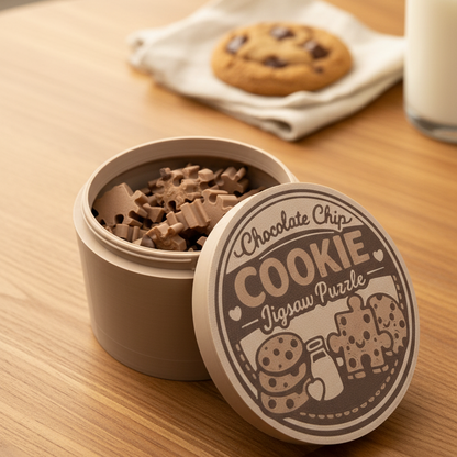 Chocolate chip cookie jigsaw puzzle tin container open with puzzle pieces inside lifestyle