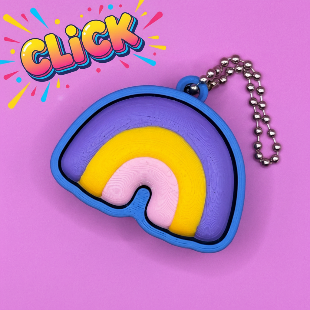 Square rainbow keychain with "click" in top left corner